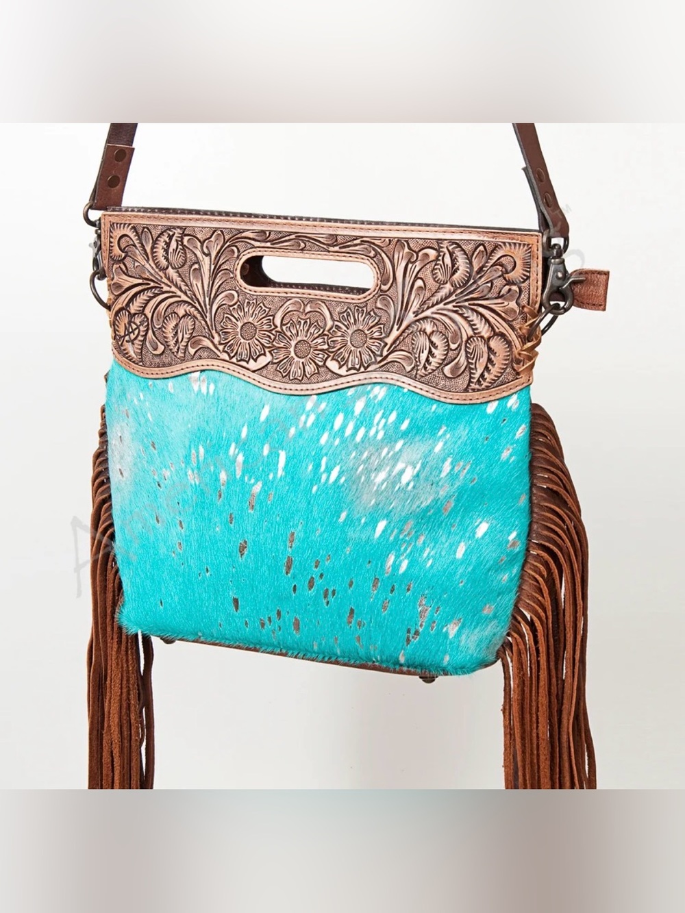 Western Bag Turquoise Hair-On Leather Crossbody Bag with Tooled Top